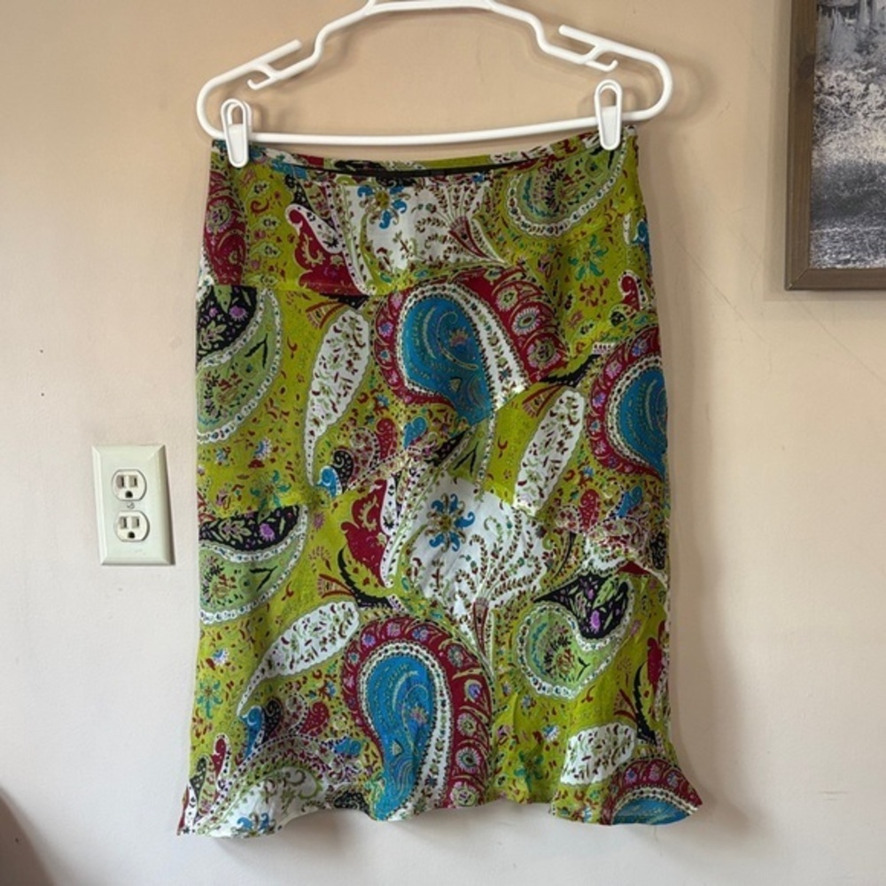 Y2K NWOT Drama Silk Multicolor Paisley Print Ruffle-Pencil Skirt Size 10